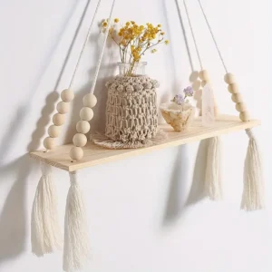 Boho Hanging Wall Shelf – Wooden Beads & Floating Design