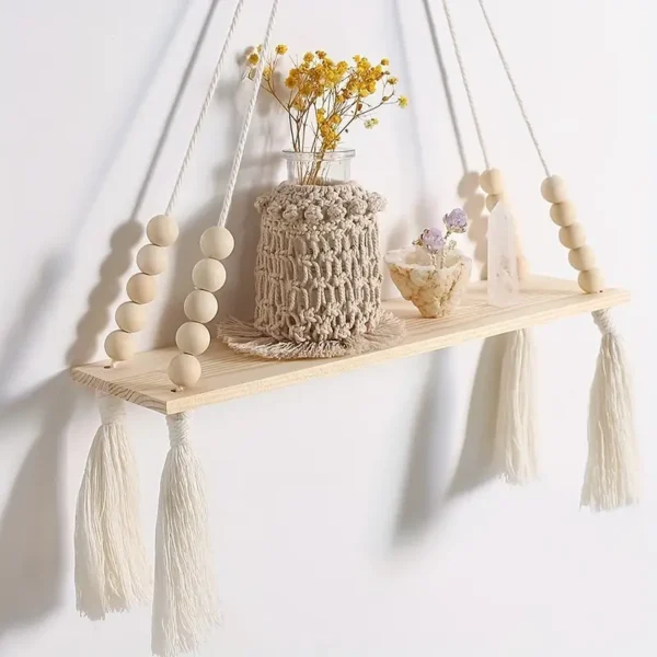 Boho Hanging Wall Shelf – Wooden Beads & Floating Design