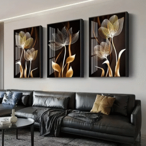 3pcs Set, Black And Golden Flower Wall Art Canvas Painting