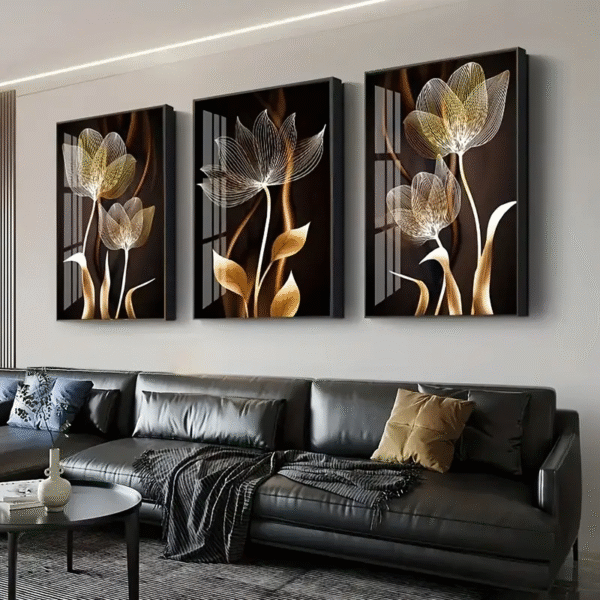 3pcs Set, Black And Golden Flower Wall Art Canvas Painting